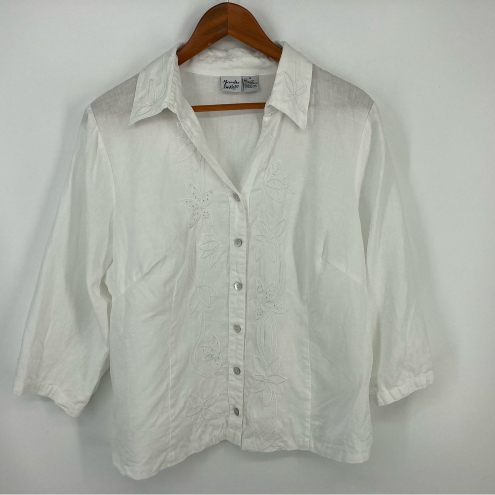 Alexandra Bartlett 100% Linen Blouse Woman Plus Size 1X Embroidery White 3/4 Slv